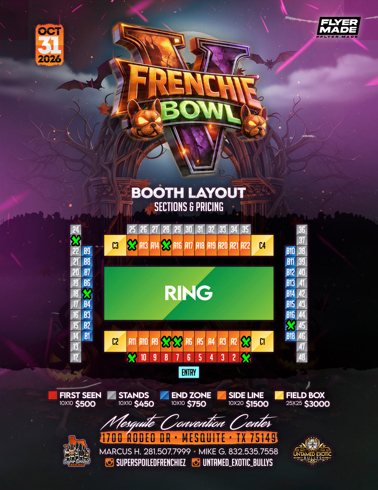 Frenchie Bowl V booth layout map showing all sections and pricing