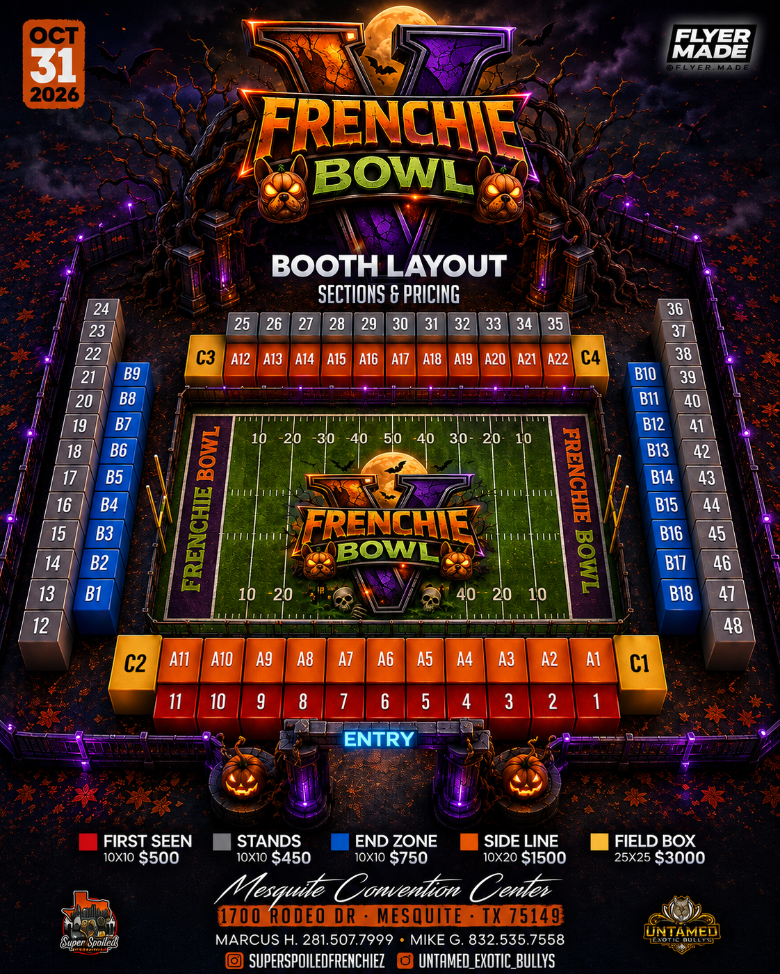 Frenchie Bowl V booth layout map showing all sections and pricing