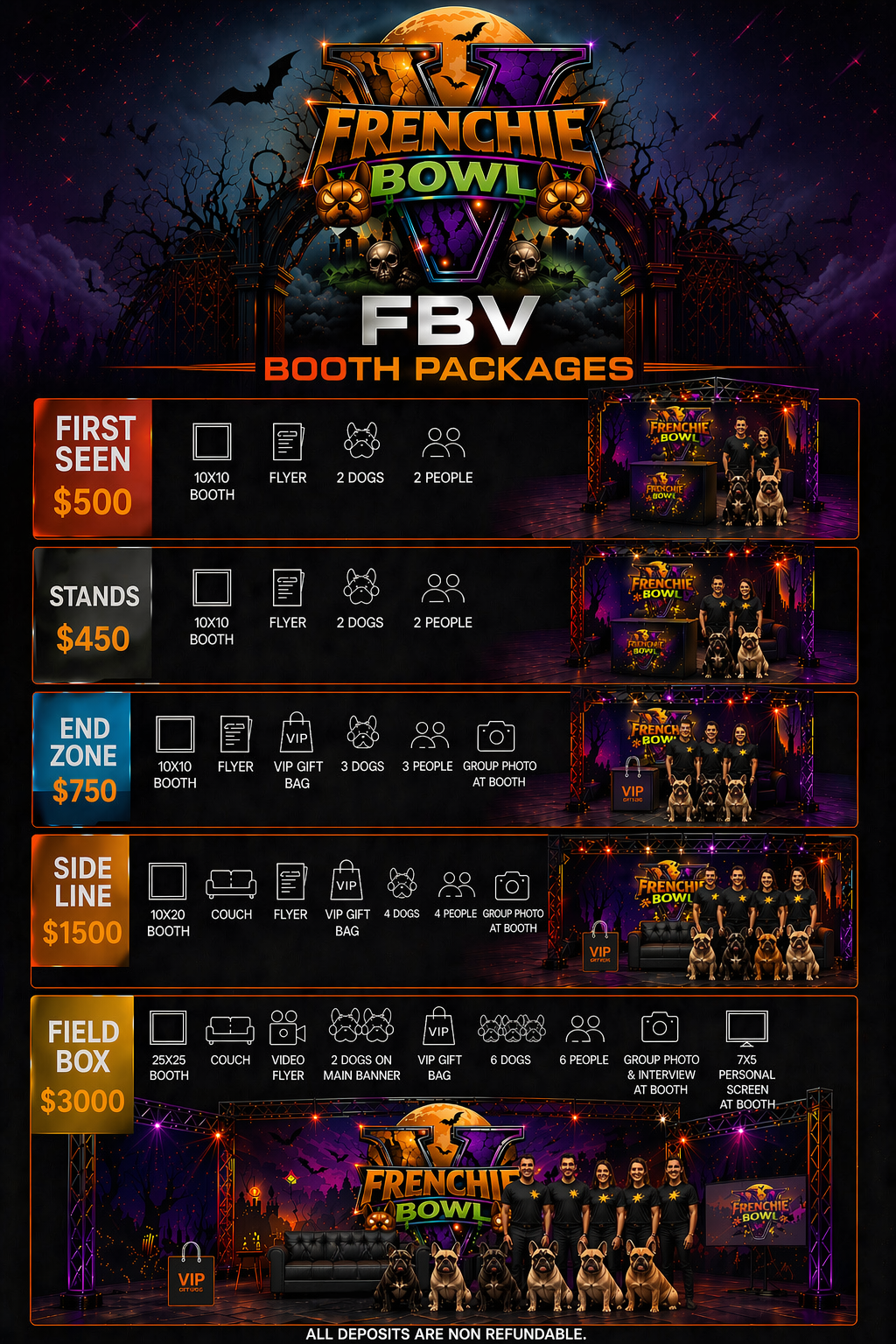 Frenchie Bowl V booth packages — what's included in First Seen, Stands, End Zone, Side Line, and Field Box